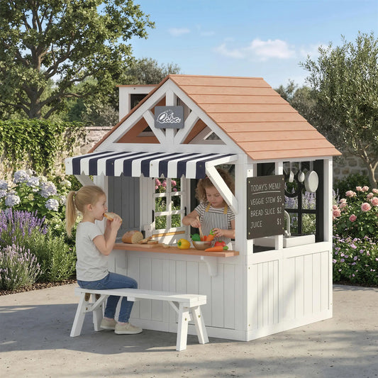 Wooden Kids Playhouse With Dog Door, Cookware, Blackboard, Bench, Doorbell Play Houses White at Gallery Canada
