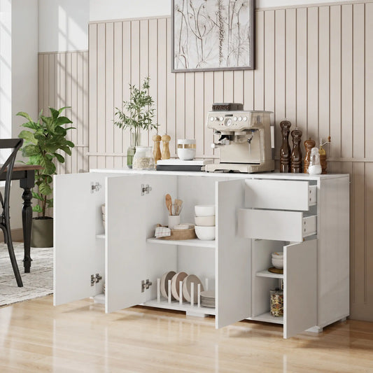 Kitchen Sideboard Storage Cabinet, Modern Coffee Bar with 2 Drawers, White Bar Cabinets Matte White (Front Panels), High Gloss White (Top and Side Panels) at Gallery Canada