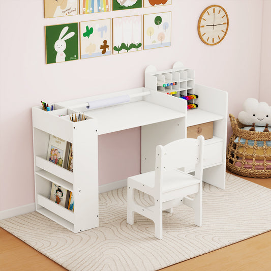 Kids Art Table and Chair Set with Detachable Paper Roll Holder and Cabinet, White Kids Table & Chair Sets White at Gallery Canada