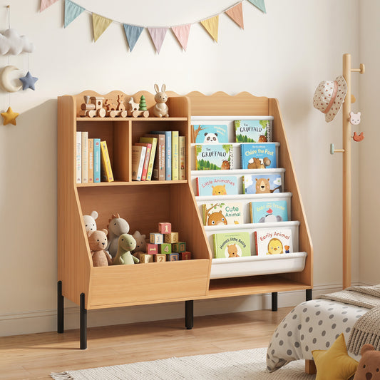 Kids Wooden Bookshelf with 5 Fabric Pockets, Natural Kids Storage Natural at Gallery Canada