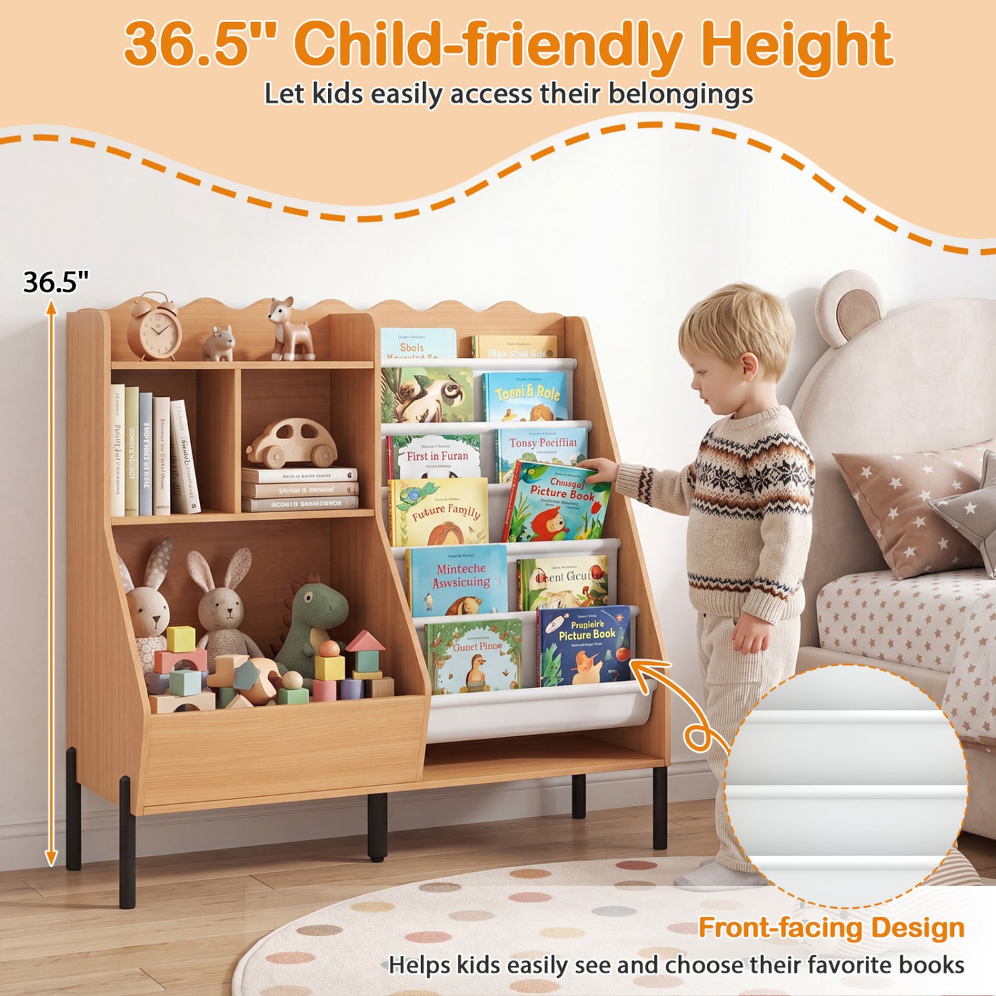 Kids Wooden Bookshelf with 5 Fabric Pockets, Natural Kids Storage at Gallery Canada