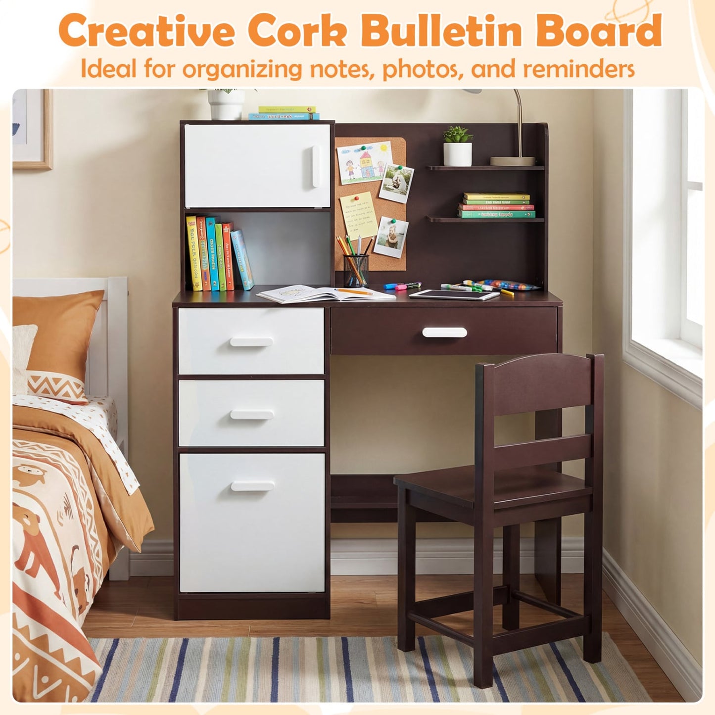 Kids Desk Chair Set, Bulletin Board, 3 Drawers, 2 Storage Cabinets, Rustic Brown