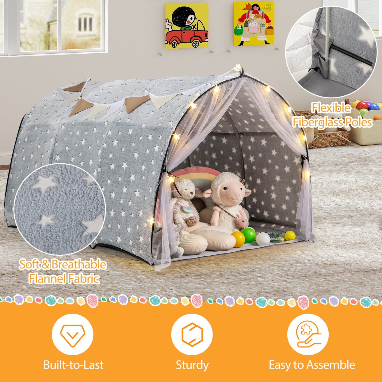 Kids Dream Bed Tent, Twin Size, Glow In The Dark Stars, Gray Play Tents & Playhouse at Gallery Canada