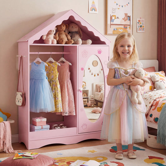 Kids Dress Up Storage with Mirror Roofed Wardrobe Closet with Open Hanging Rack, Pink Kids Storage Pink at Gallery Canada