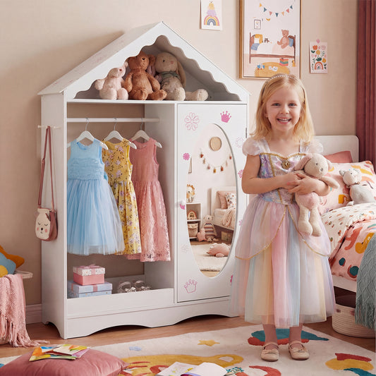 Kids Dress Up Storage with Mirror Roofed Wardrobe Closet with Open Hanging Rack, White Kids Storage White at Gallery Canada