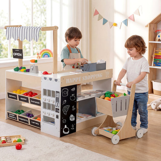 Kids Grocery Store Playset Wooden Pretend Play Supermarket with Shopping Cart, Natural Play Tents & Playhouse Natural at Gallery Canada