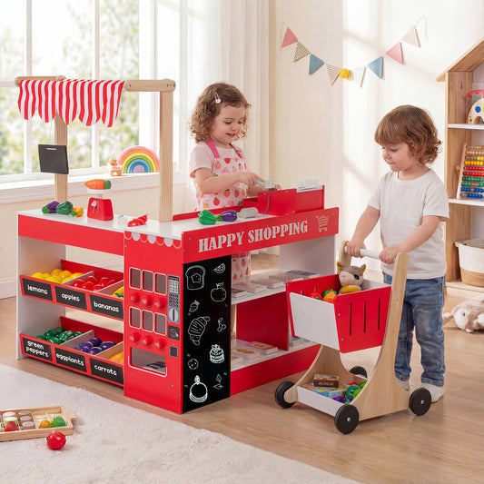 Kids Grocery Store Playset Wooden Pretend Play Supermarket with Shopping Cart, Red Play Tents & Playhouse Red at Gallery Canada