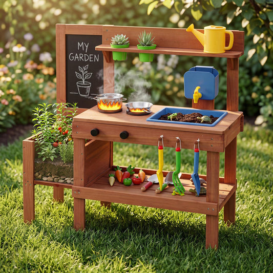 Kids Mud Kitchen With Planter Box, Sink, 13 Accessories, Natural Play Kitchen Sets Natural at Gallery Canada