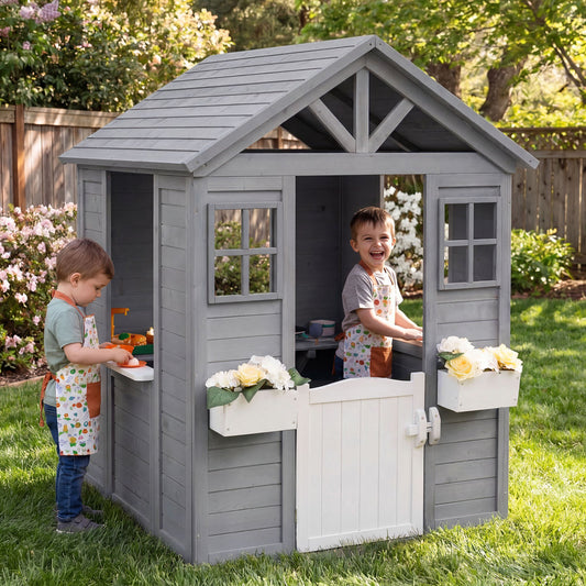 Kids Outdoor Playhouse with Sink, Gray Spruce Wooden Play Tents & Playhouse Gray at Gallery Canada