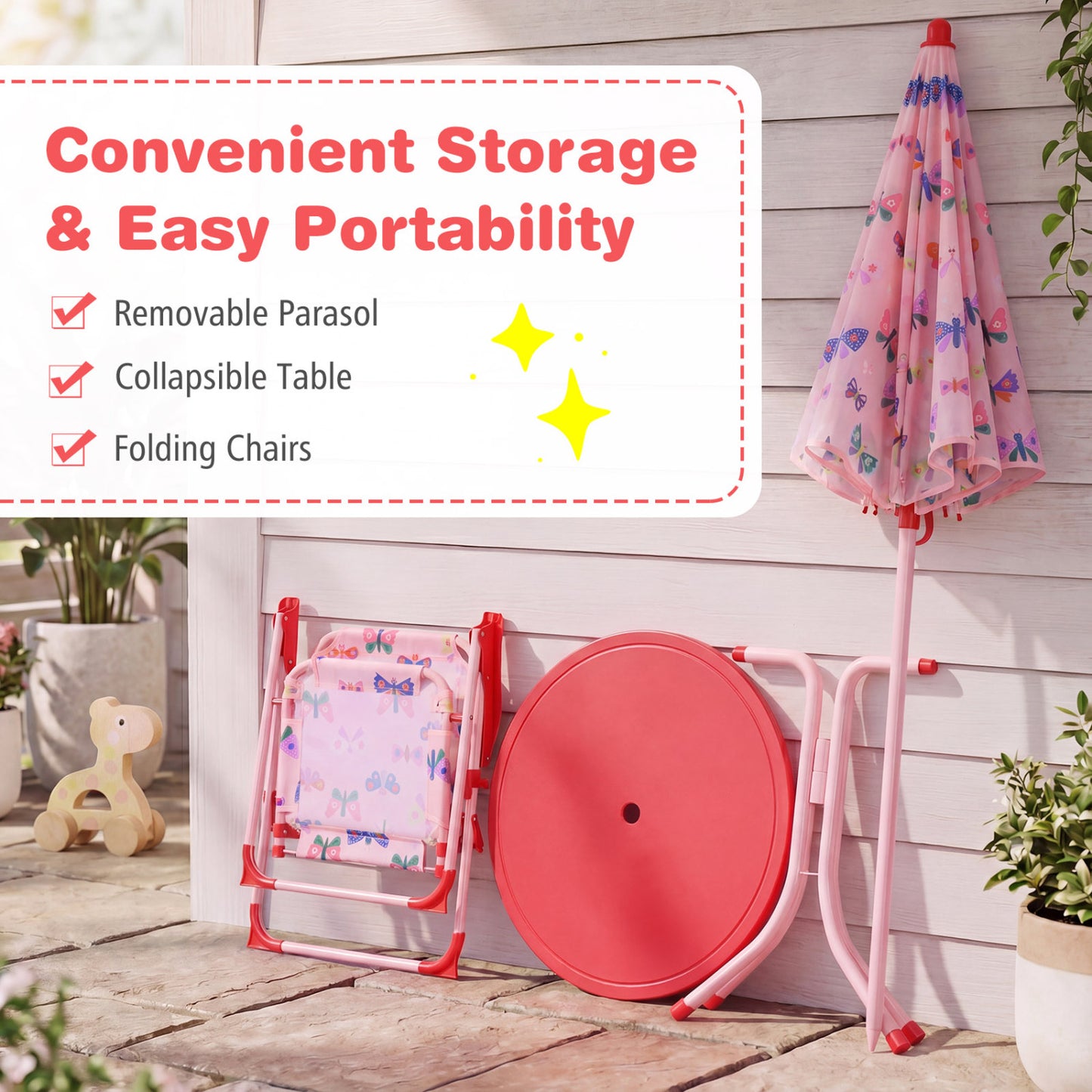 Kids Outdoor Table And Chair Set, 2 Folding Chairs, Height Adjustable Umbrella, White And Pink Kids Table & Chair Sets at Gallery Canada