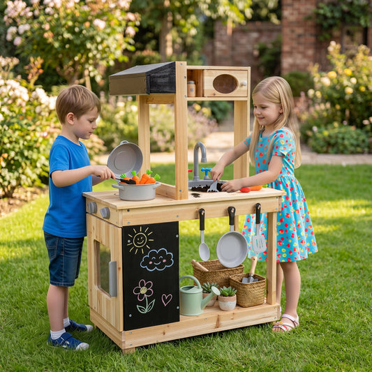 Kids Outdoor Wooden Mud Kitchen with Stoves and Chalkboard, Natural Play Kitchen Sets Natural at Gallery Canada