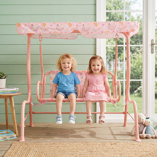 Kids 2-Seater Patio Swing, Outdoor Porch Lounge Chair, Adjustable Canopy, Pink Swing & Playsets Pink at Gallery Canada
