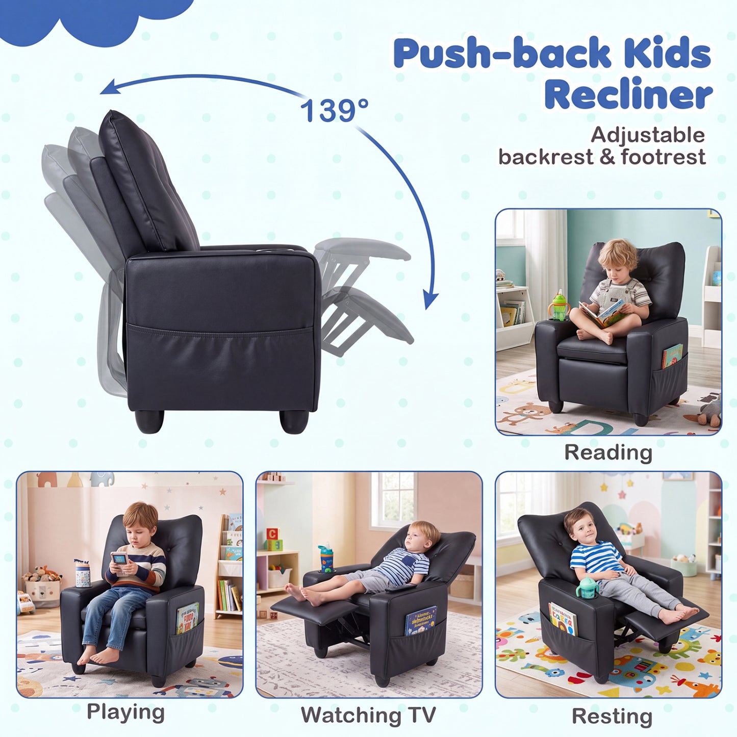 Kids Recliner Cup Holder Armrests Adjustable Backrest, Black