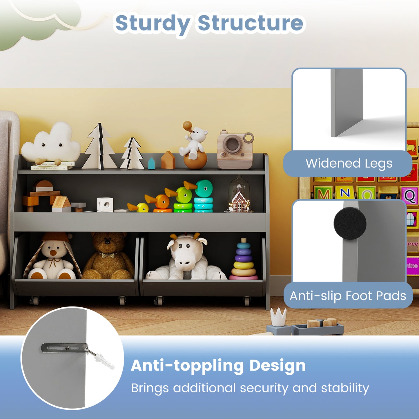 Kids Toy Storage Organizer Wooden Bookcase with 2 Movable Drawers, Gray Kids Storage at Gallery Canada