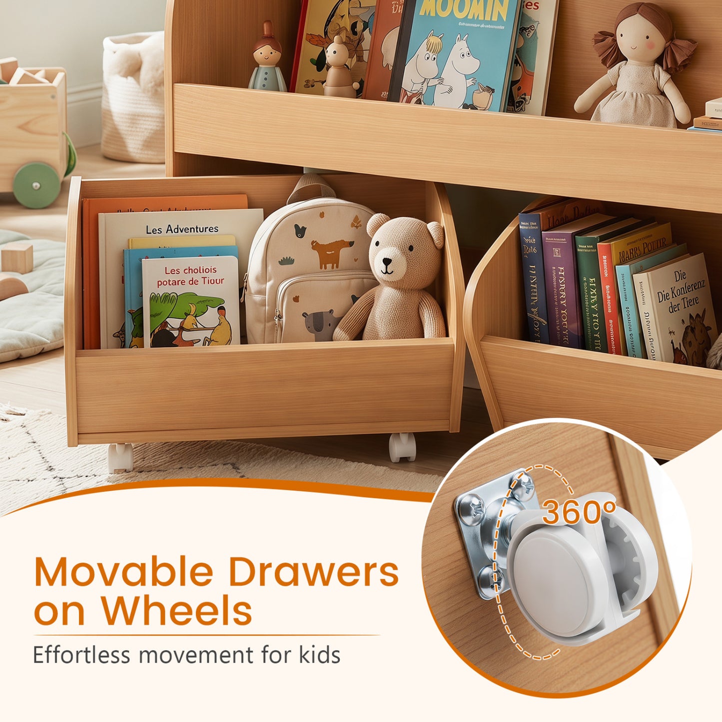 Kids Toy Storage Organizer, 2 Rolling Drawers, 3-Tier Bookshelf, Natural Kids Storage at Gallery Canada