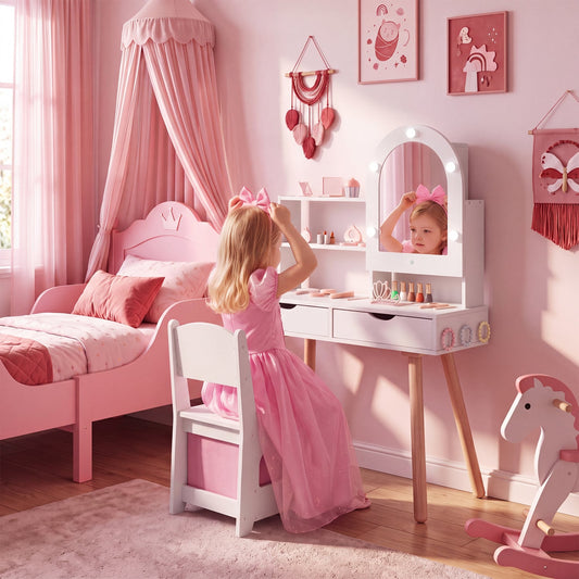 Kids Vanity Set, Pretend Play Dressing Table, Mirror Cabinet, White Kids Vanities White at Gallery Canada