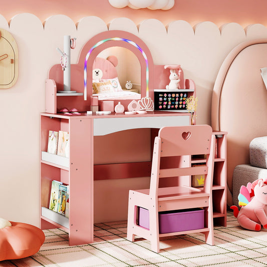 Kids Vanity Set with Colorful LED Lights Princess Makeup Dressing Table with Chair, Pink Kids Vanities Pink at Gallery Canada