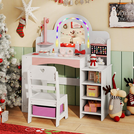 Kids Vanity Set with Colorful LED Lights Princess Makeup Dressing Table with Chair, White Kids Vanities White at Gallery Canada