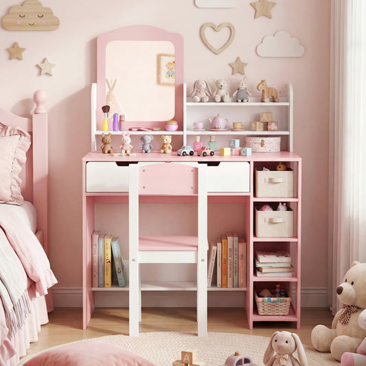 Kids Vanity Set With Chair, Mirror, Storage Shelves, Pink, White Kids Vanities White & Pink at Gallery Canada