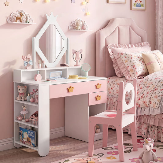 Kids Vanity Set with Crown Mirror & Chair, White Kids Vanities White at Gallery Canada