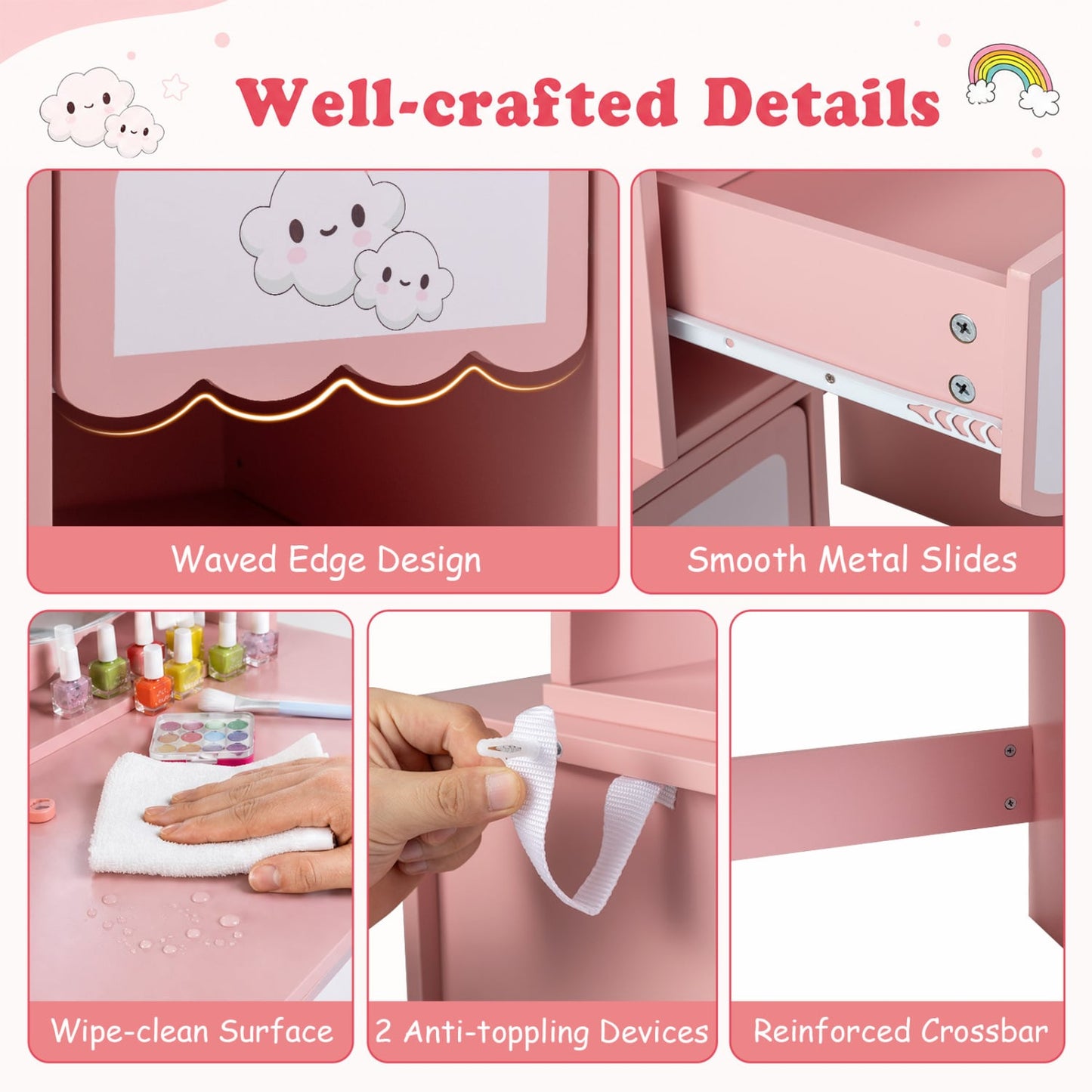 Ensemble de coiffeuse pour enfants avec miroir rotatif, chaise rose