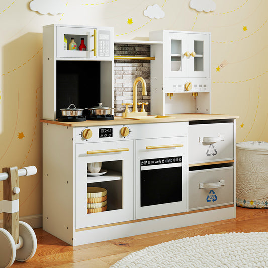 Kids Wooden Kitchen Playset with Stoves Sound Light for 3+ Years Old, White Play Kitchen Sets White at Gallery Canada