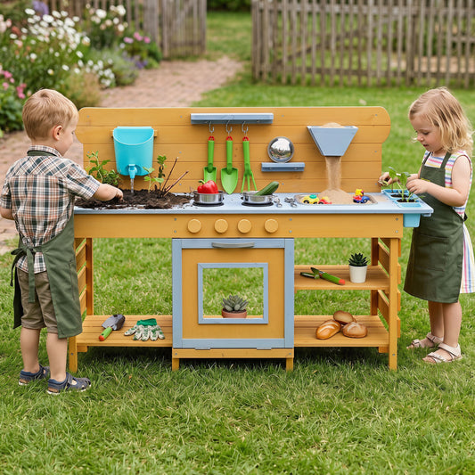 Kids Wooden Mud Kitchen with 2 Sinks and 4 Stoves, Natural Play Kitchen Sets Natural at Gallery Canada
