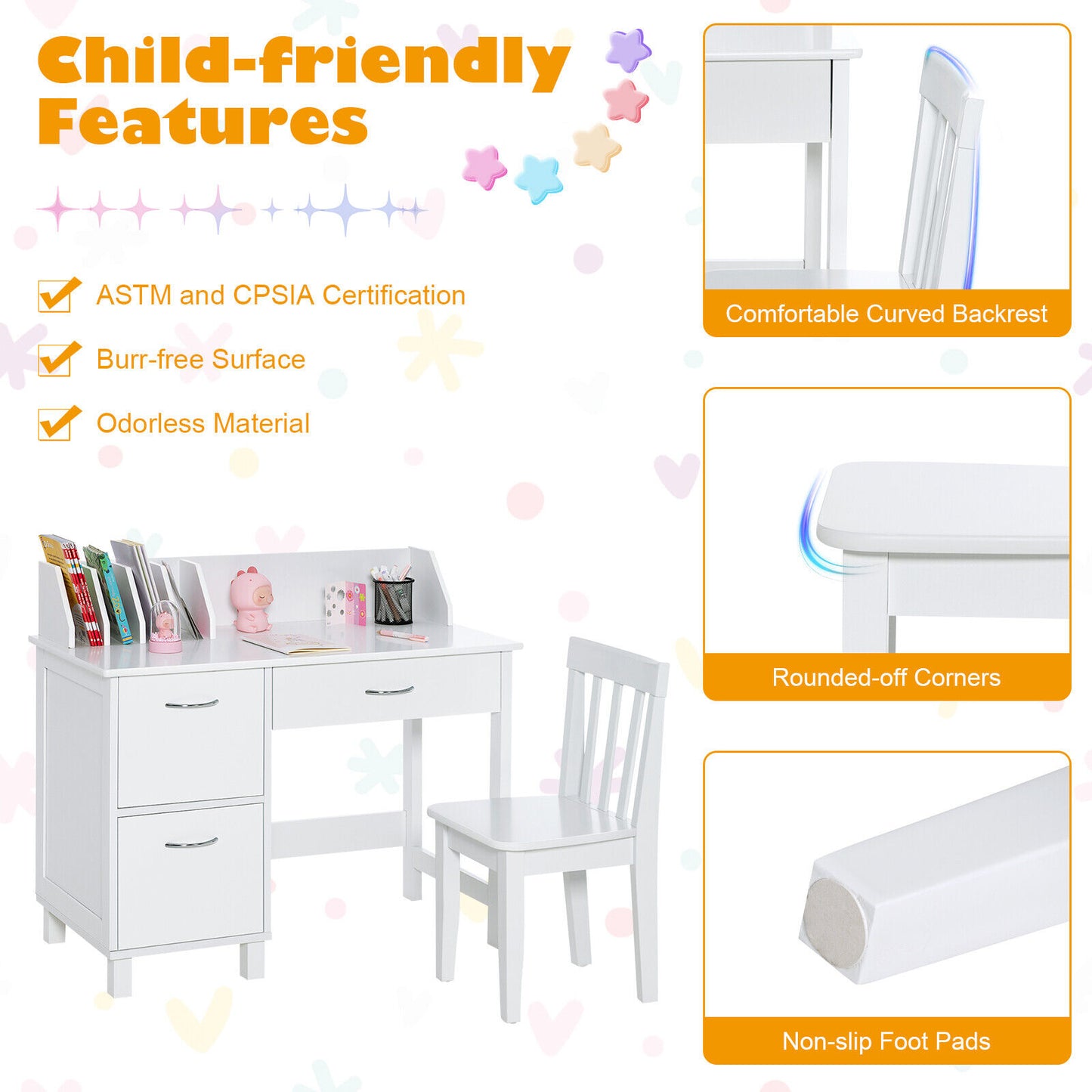 Kids Wooden Writing Furniture Set With Drawer, Storage Cabinet, White Kids Table & Chair Sets at Gallery Canada