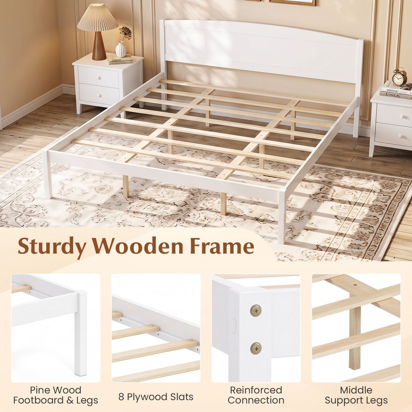 King Size Wooden Platform Bed Frame with Curved Headboard, White Beds & Bed Frames at Gallery Canada