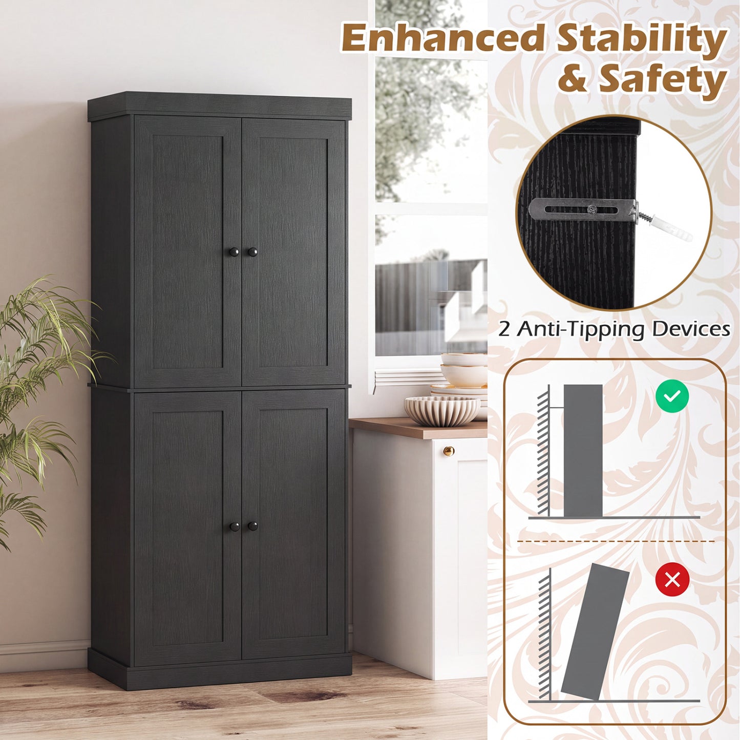Kitchen Pantry Cabinet, 2 Adjustable Shelves, Anti-Tipping, Black Cabinets & Chests at Gallery Canada