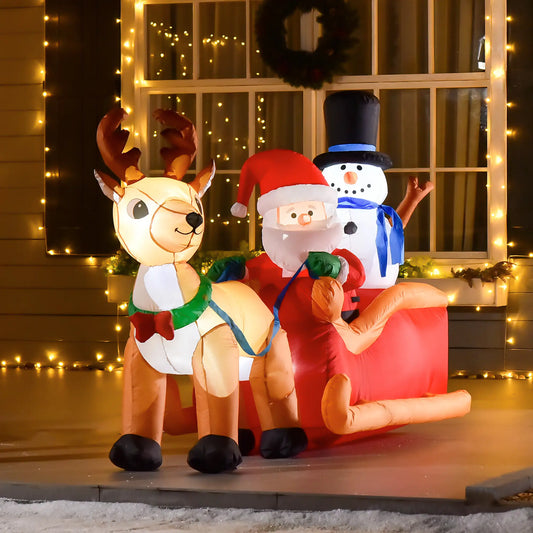 6.5 ft Inflatable Santa Claus, Snowman on Sleigh with Reindeer, LED Lights Christmas Inflatables Red, Yellow at Gallery Canada