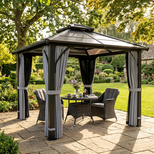 10' x 10' Hardtop Gazebo, 7mm Double Polycarbonate Roof, Netting, Curtains Gazebos Dark Grey at Gallery Canada