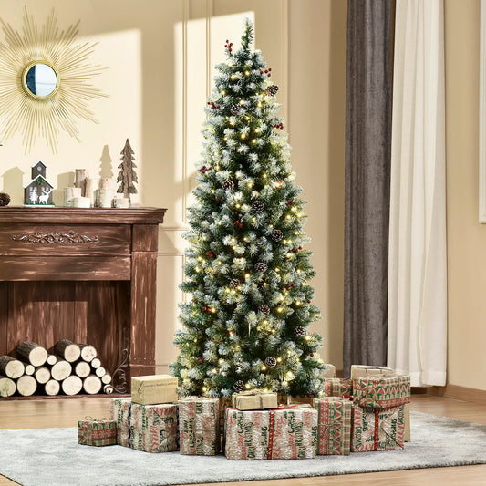 6 ft Pre-Lit Christmas Tree, LED Lights, Pine Cones, Red Berries Pencil Christmas Trees Green, White at Gallery Canada