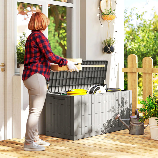 120 Gallon Resin Deck Box, Lockable Outdoor Storage, Splash And UV Resistant Patio Storage Boxes Grey Wood Effect at Gallery Canada