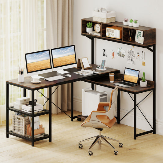 L-Shaped Computer Desk with Power Outlets 62 Inches Corner Desk with Storage Hutch, Brown L-Shaped Desks Brown at Gallery Canada