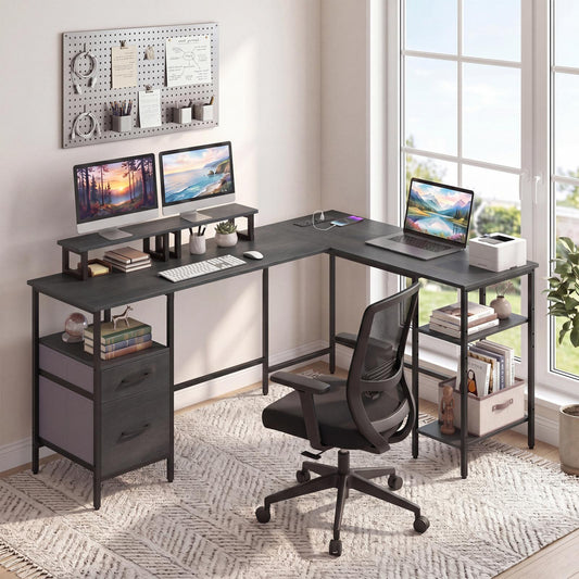 L Shaped Desk with Power Outlet, Reversible Computer Desk, Black L-Shaped Desks Black at Gallery Canada