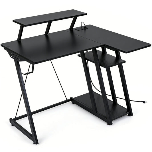 L Shaped Gaming Desk With Outlets And USB Ports, Black Computer Desks Black at Gallery Canada