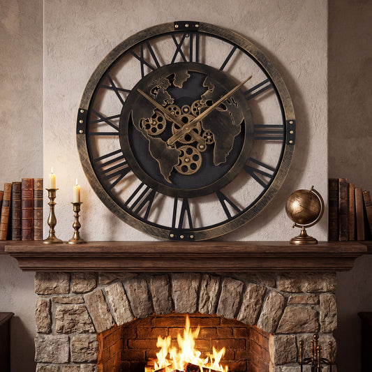 27" Large Gear Wall Clock With World Map, Brown Decorative Accessories Brown at Gallery Canada