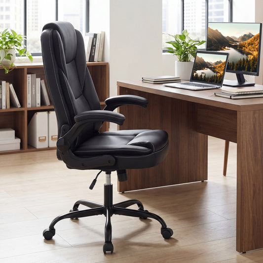 Ergonomic Leather Office Chair, Flip-Up Armrests, Rocking Function, Black Ergonomic Chairs Black at Gallery Canada