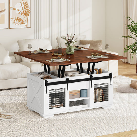 Lift Top Coffee Table with 2 Sliding Barn Doors, Walnut Coffee Tables Walnut at Gallery Canada