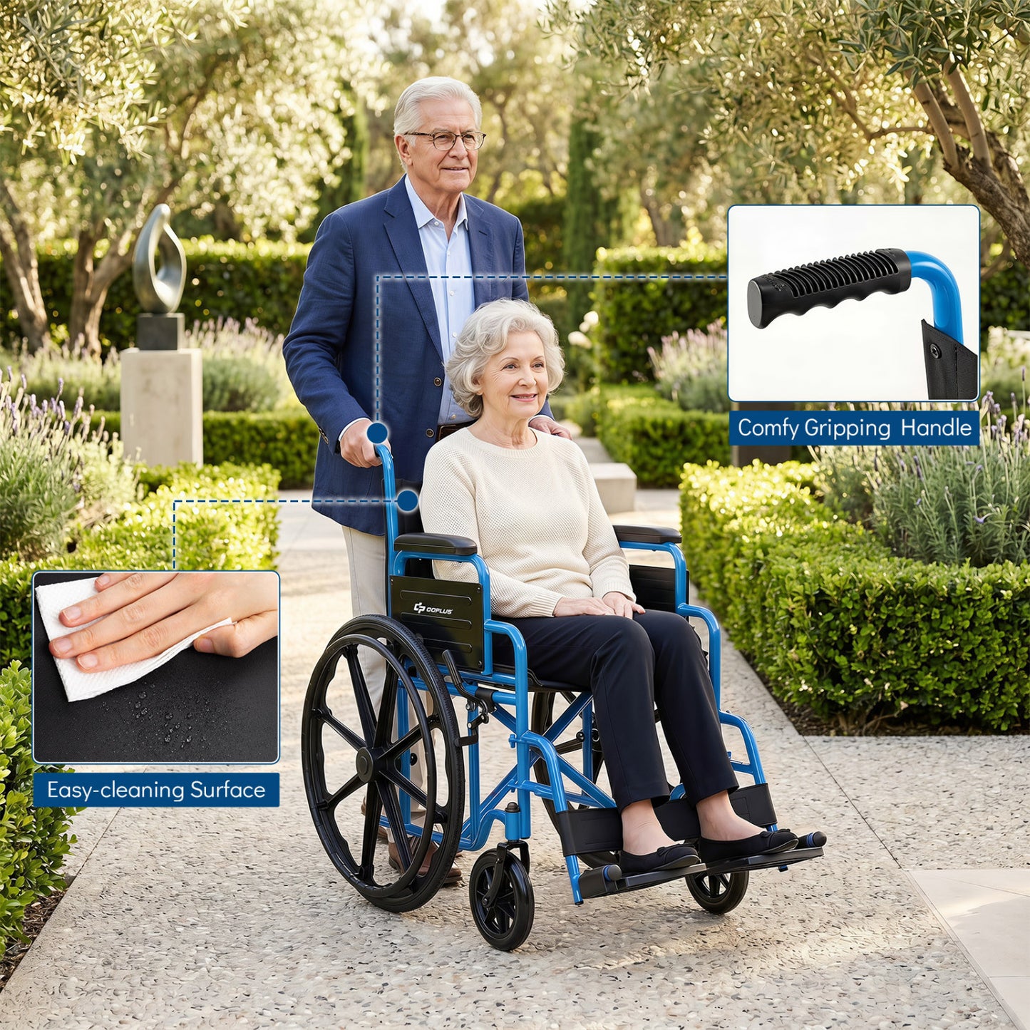 Folding Wheelchair for Adults with Swing-Away Footrest, Navy