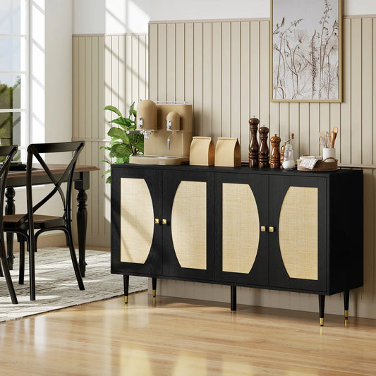 55" Sideboard Buffet Cabinet, Boho Storage With Adjustable Shelves, Black Storage Cabinets Black, Natural at Gallery Canada