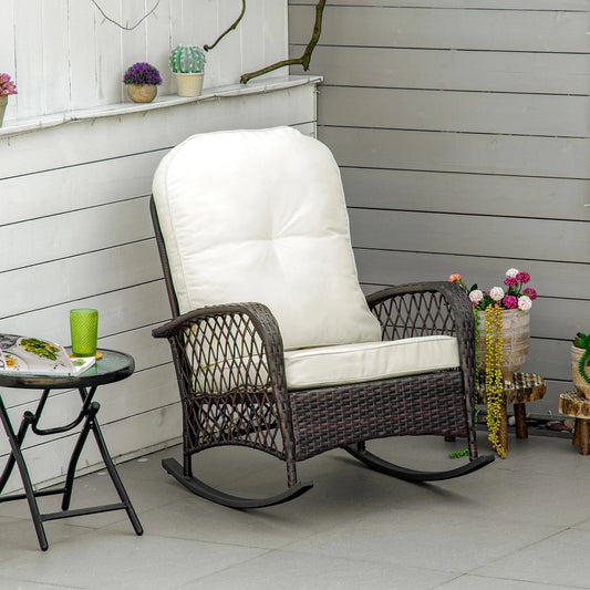 Rattan Rocking Chair, Outdoor Wicker Patio Furniture with Cushions, Cream White Outdoor Rocking Chairs Mixed Brown Rattan, Cream White Cushion at Gallery Canada