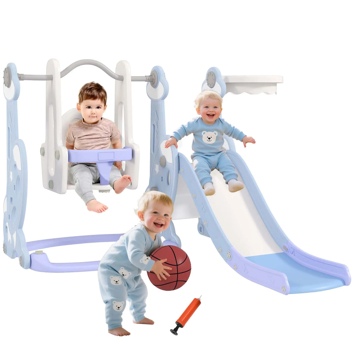 4-in-1 Slide Swing Set, Basketball Hoop, Climber, Ages 1.5-4, Rocket Themed, Light Blue Gym Sets & Swings at Gallery Canada