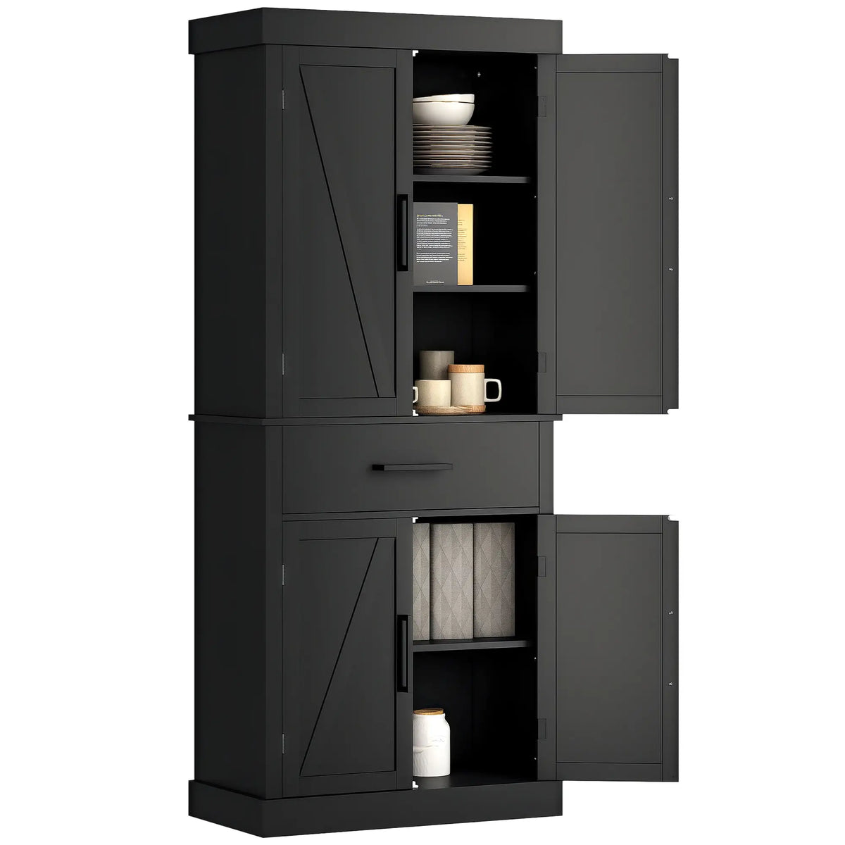 72" Kitchen Storage Cabinet, Farmhouse Pantry, 4 Barn Doors, Drawer, Adjustable Shelves, Black Kitchen Pantry Cabinets at Gallery Canada