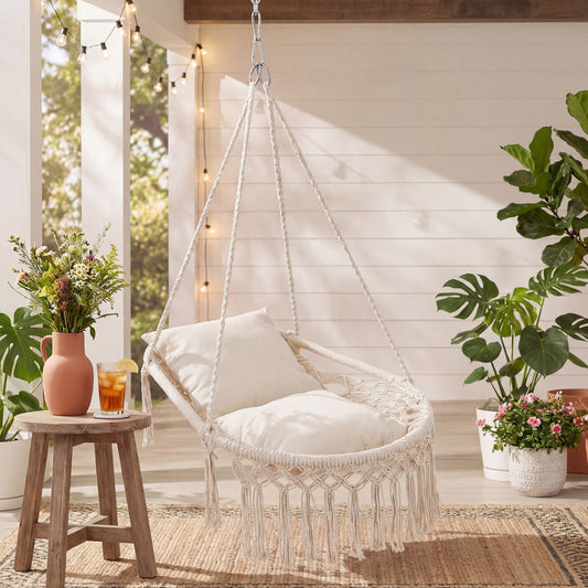 Macrame Swing Chair With 2 Removable Cushions, Beige Porch Swings Beige at Gallery Canada