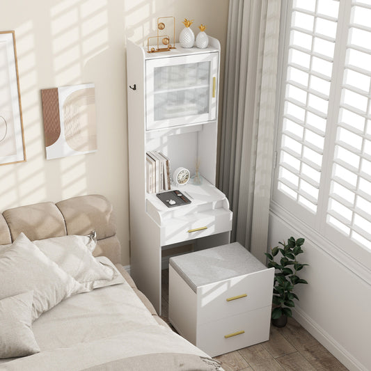 Makeup Vanity with Power Outlets and Flip-top Mirror and Storage Stool, White Makeup Vanities White at Gallery Canada