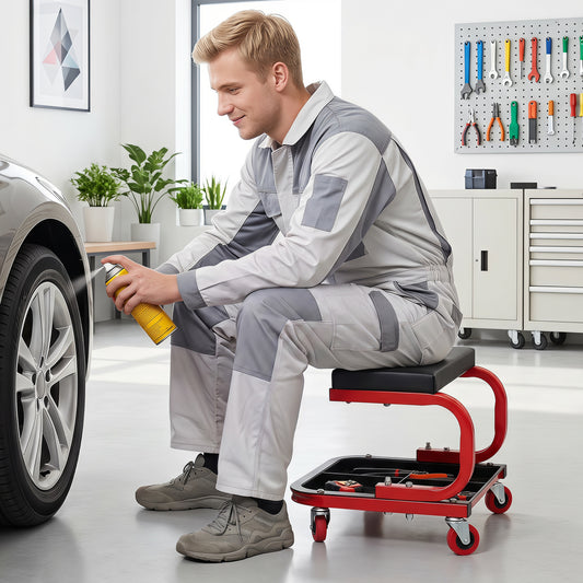 Mechanic Rolling Stool with Tool Trays, Magnetic Drawer, Red Garages Red at Gallery Canada