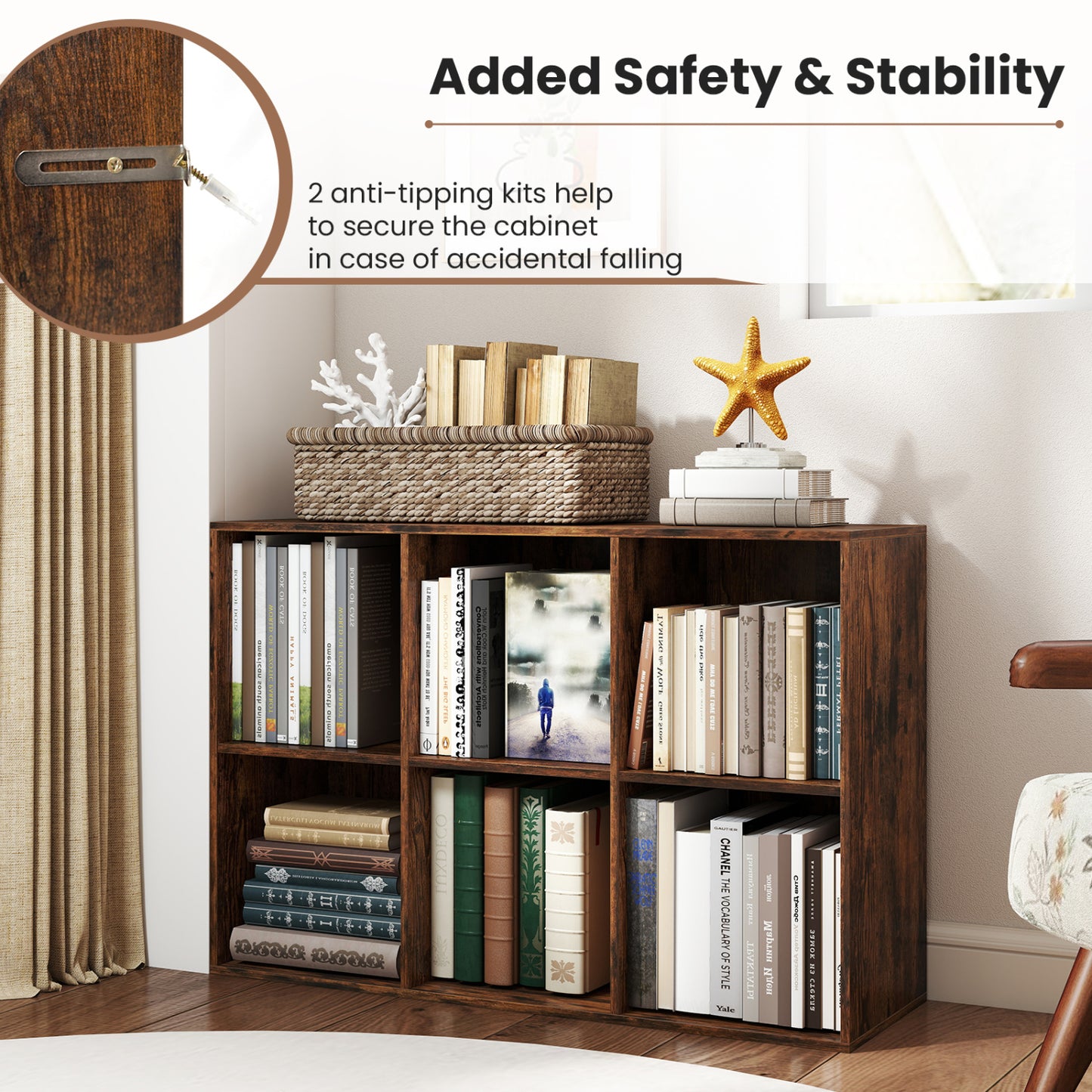 Modern 6-Cube Bookcase with Anti-tipping Kits for Bedroom Living Room, Rustic Brown Bookcases at Gallery Canada