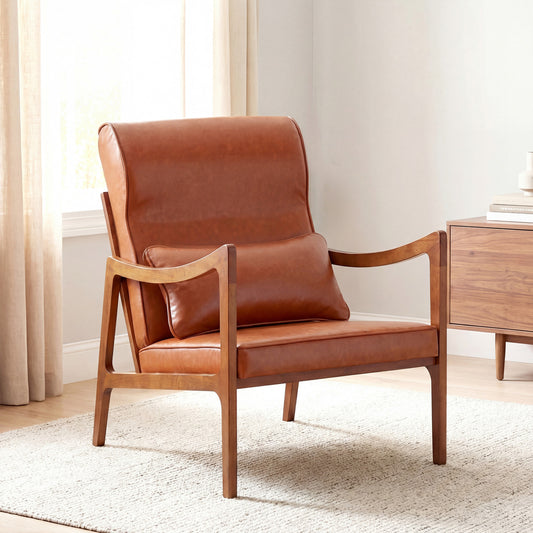 Modern Accent Chair, Solid Rubber Wood Faux Leather Upholstered Armchair, Brown Accent Chairs Brown at Gallery Canada